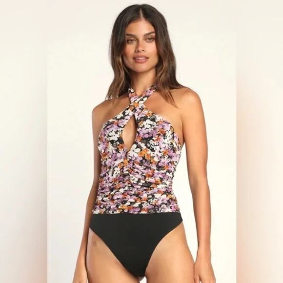 Lulu's Women's Blossoming Perfection Floral Mesh Cutout Halter Bodysuit Medium - Picture 1 of 13
